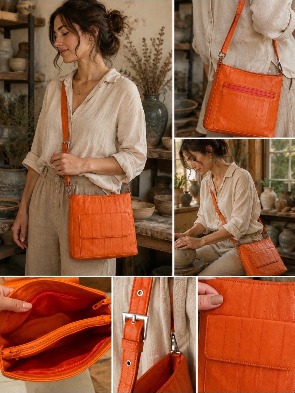 NWOT Lee Sands Orange Eelskin Leather Crossbody Organizer Bag Boho Multi Pocket
